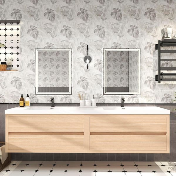 Louis 84 in. W x 20 in. D x 22 in. H Double Sink Floating Bath Vanity in Champagne Oak with White Acrylic Top