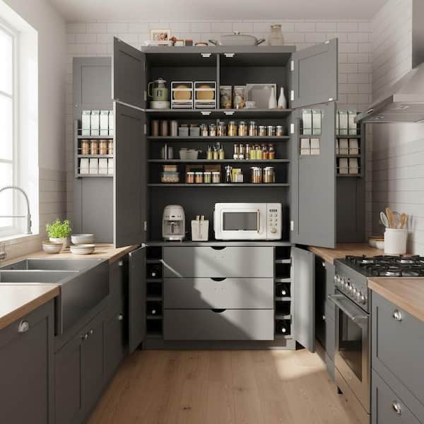 80.1 in. Tall Gray MDF Freestanding Kitchen Pantry with 2-Power Outlets, Adjustable Shelves and Door Shelves