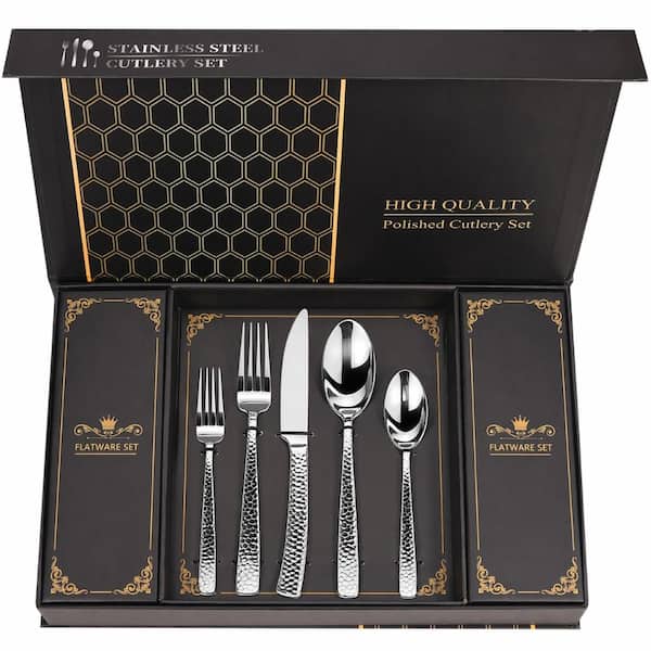 Hammered 40-Piece Stainless Steel Silverware Set for 8 with Gift Box, Luxury Flatware, Mirror Finish