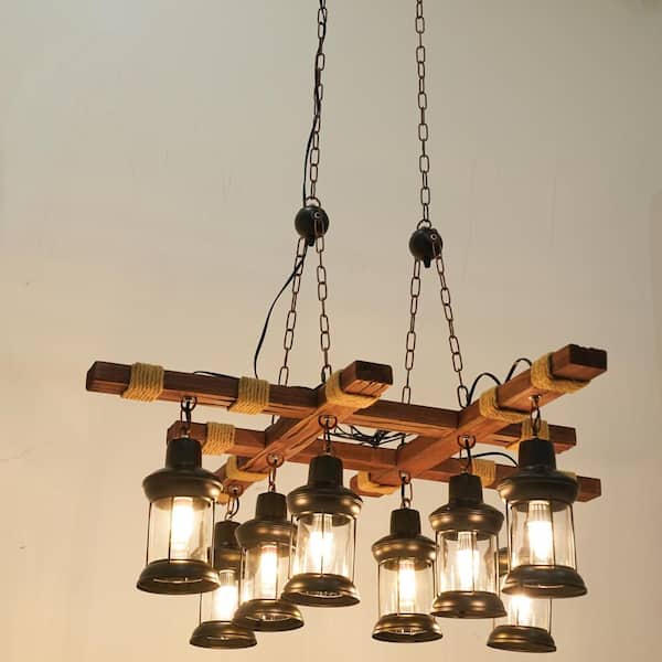 OUKANING 39 in. 8-Light Vintage Industrial Brown Wooden Farmhouse