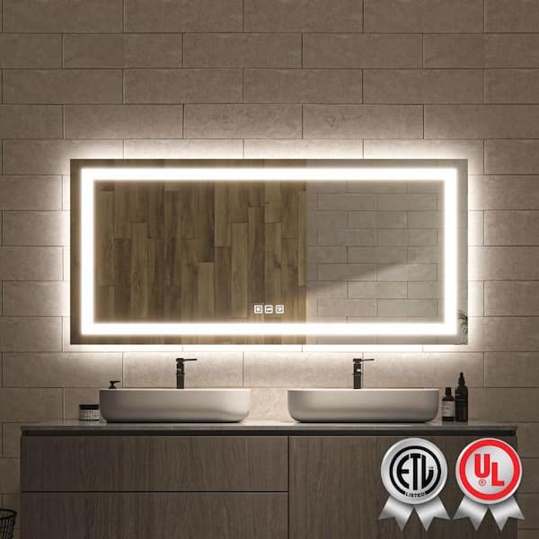 waterpar 60 in. W x 28 in. H Rectangular Frameless Wall Bathroom Vanity Mirror with Backlit and Front Light