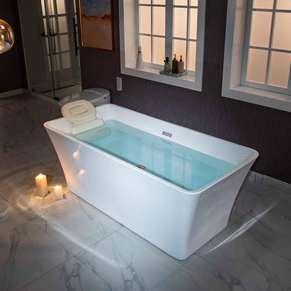 Echo 59'' White Acrylic Freestanding Soaking Bathtub with Brushed Nickel Trim