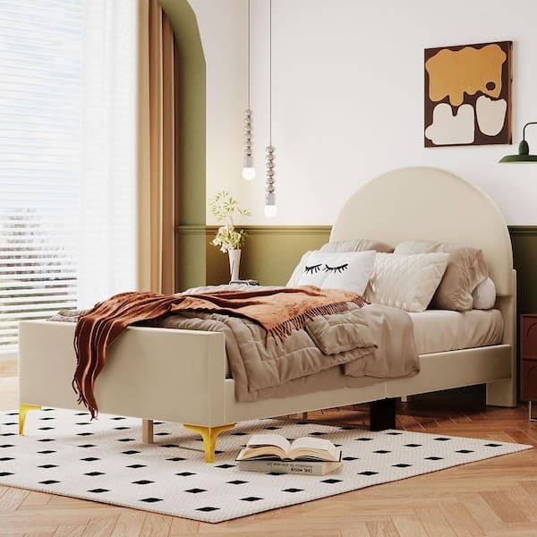 Harper & Bright Designs Beige Wood Frame Twin Size Upholstered Velvet Platform Bed with 2-Metal Legs and Semi-Circular Headboard