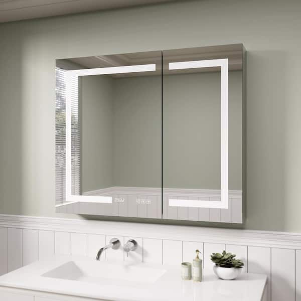 36 in. W x 30 in. H Rectangular Silver Aluminum Recessed/Surface Mount Lighted Medicine Cabinet with Mirror and Clock