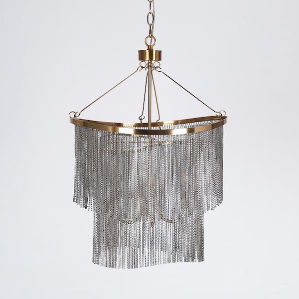 LNC Veils 4-Light Plated Brass 2-Tiered Chain Tassel Chandelier with Silver Fringe, Modern Art Deco Hanging Ceiling Light