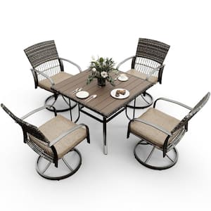 5-Piece Metal Patio Outdoor Dining Set with Square Table and Rattan Swivel Chairs with Beige Cushion