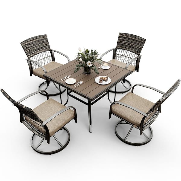 PamaPic 5-Piece Metal Patio Outdoor Dining Set with Square Table and Rattan Swivel Chairs with Beige Cushion