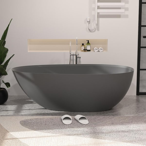 67 in. x 33.5 in. Eggy Shape Solid Surface Stone Resin Flatbottom Soaking Bathtub in Matte Black