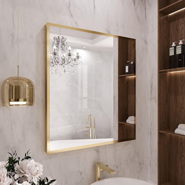 32 in. W x 36 in. H Rectangle Aluminum Framed Wall Bathroom Vanity Mirror in Brushed Gold