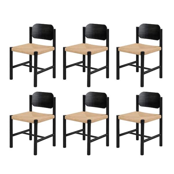 Tess Boho Black + Beige Paper Rope Weave Dining Chairs with Solid Wood Frame, (Set of 6)