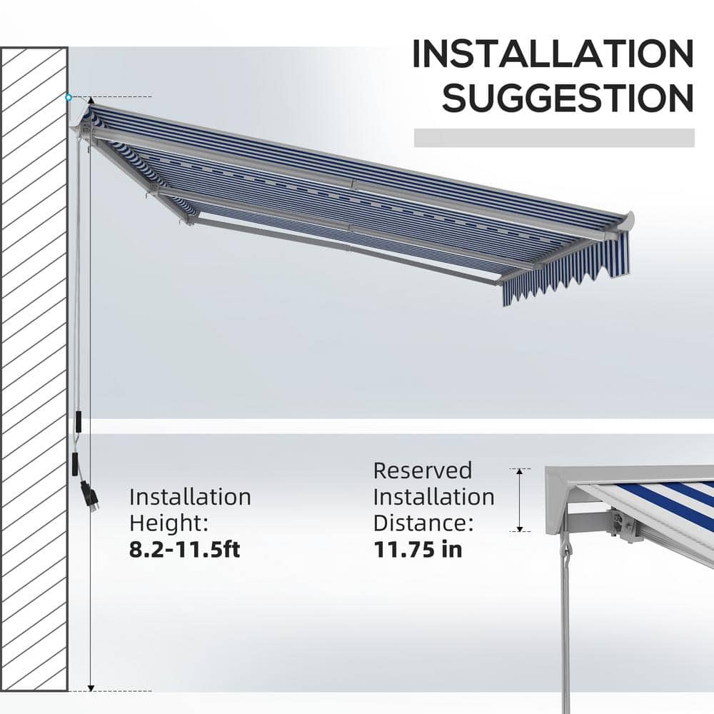 Blue and White Striped Retractable Patio Awning with LED Lights