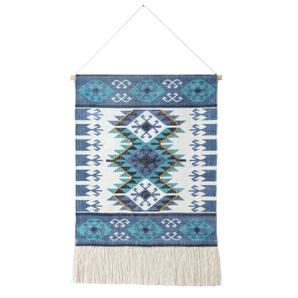 Blue and White Cotton Aztec Fringe Wall Hanging, 25.5"