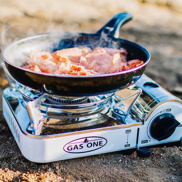 backpackers mini butane stove Gas One GS-800A Emergency Gear Camping Mini Butane Portable Gas Stove with Carrying Case, stainless steel, White