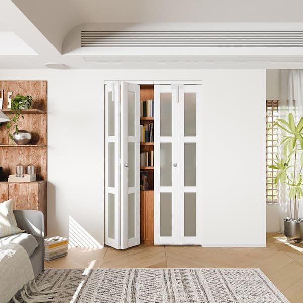 64 in. x 80 in. 3-Panel Frosted Glass Solid Core White PVC Covering MDF Bi-fold Doors with Locks and Handles