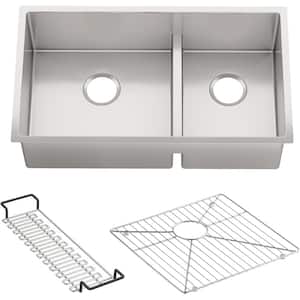 Strive Undermount Stainless Steel Smart Divide 32 in. Double Bowl Kitchen Sink Kit with Included Accessories