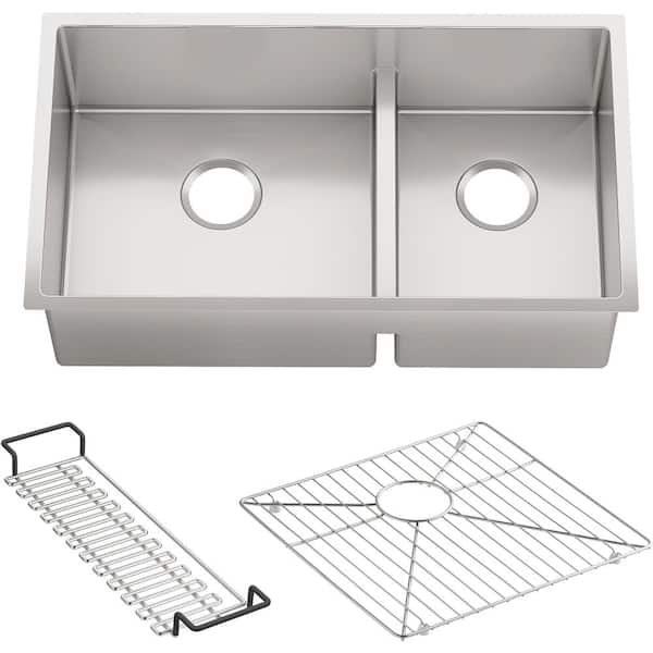 KOHLER Strive Undermount Stainless Steel Smart Divide 32 in. Double Bowl Kitchen Sink Kit with Included Accessories