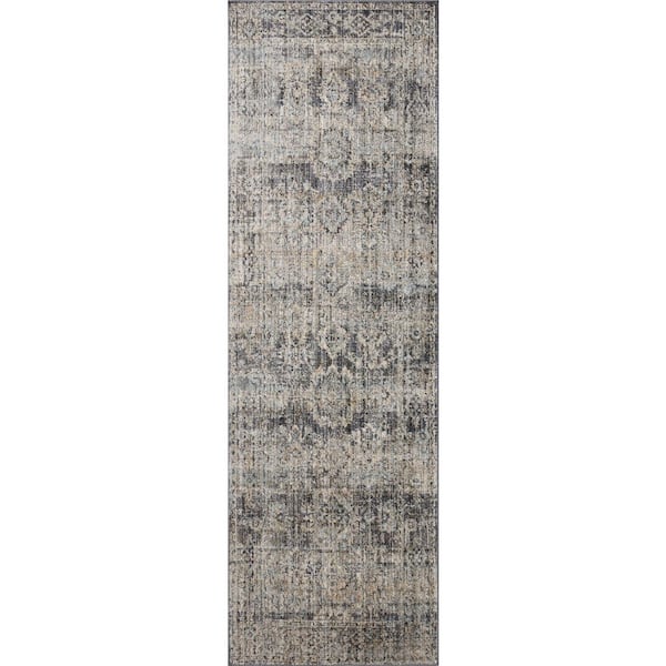 Jean Stoffer Katherine Graphite / Jade 2 ft. 7 in. x 16 ft. Traditional Runner Rug