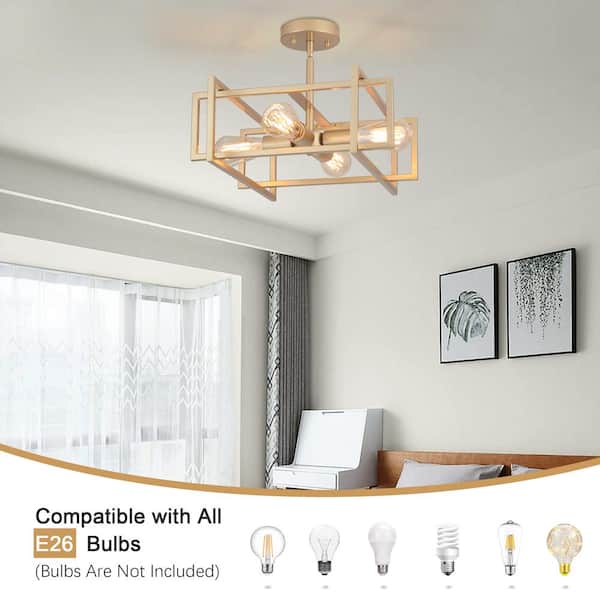 ZJVAIVE 14.96 in. 4-Light Geometric Gold Modern Semi-Flush Mount