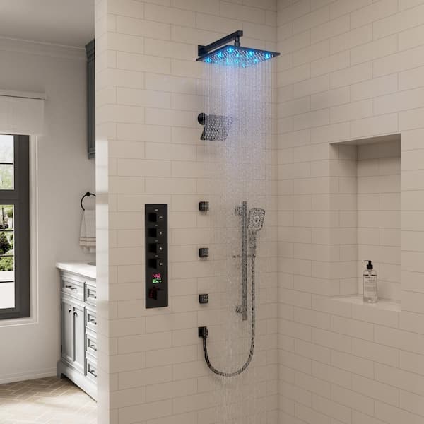 GRANDJOY IntelliFlow 3-Jet 12in. and 6in. Dual Wall Mount Fixed with Slide Bar Hand-Shower and Thermostatic Valve in Matte Black