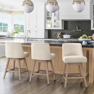 Zoi 26 in. Wood 360 Free Swivel Upholstered Bar Stool with Back, Performance Fabric in Beige. (Set of 3)
