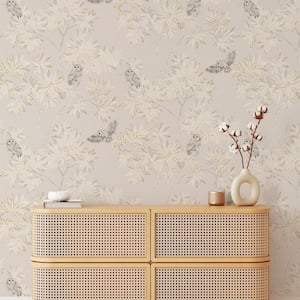 Metallic Natural Beige Parliament Owls Unpasted Wallpaper Roll (Covers 56 sq. ft.)