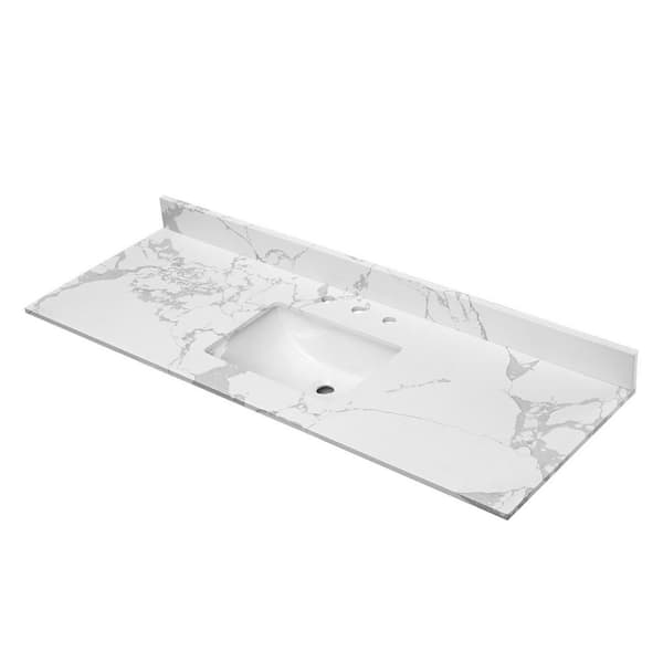 61 in. W x 22 in. D Engineered Stone Rectangular Single Sink Bathroom Vanity Top in White