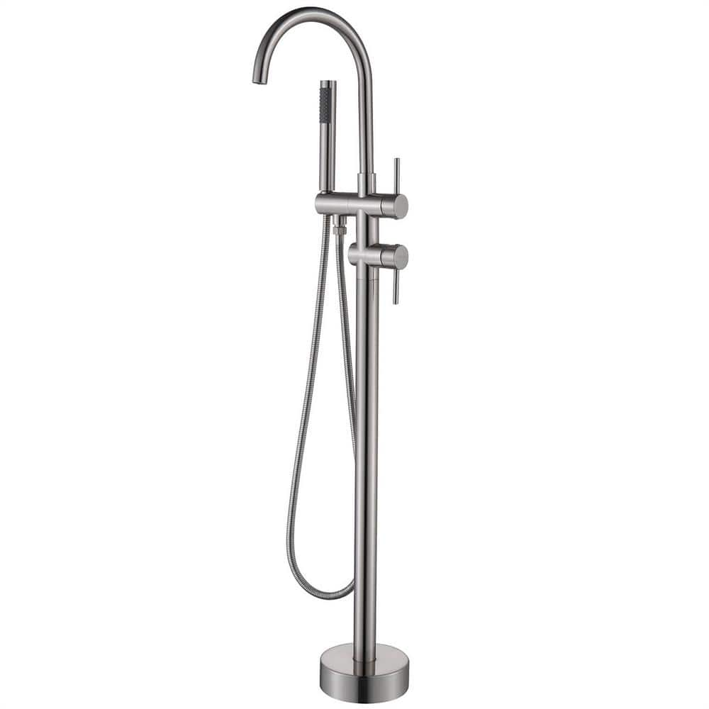 Flg 2 Handle Freestanding Tub Faucet With Hand Shower Floor Mount Tub Filler In Brushed Nickel 7165