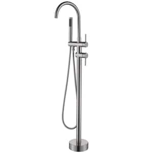 2-Handle Freestanding Tub Faucet with Hand Shower Floor Mount Tub Filler in Brushed Nickel