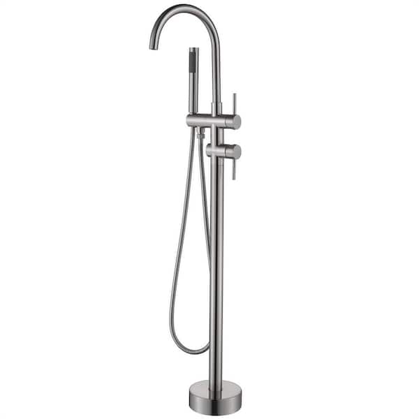 FLG 2-Handle Freestanding Tub Faucet with Hand Shower Floor Mount Tub Filler in Brushed Nickel