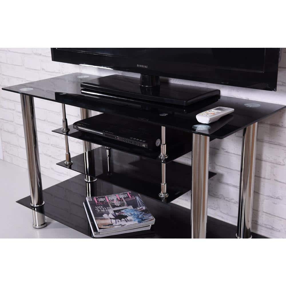 Black Tempered Glass and Metal TV Stand with Shelves