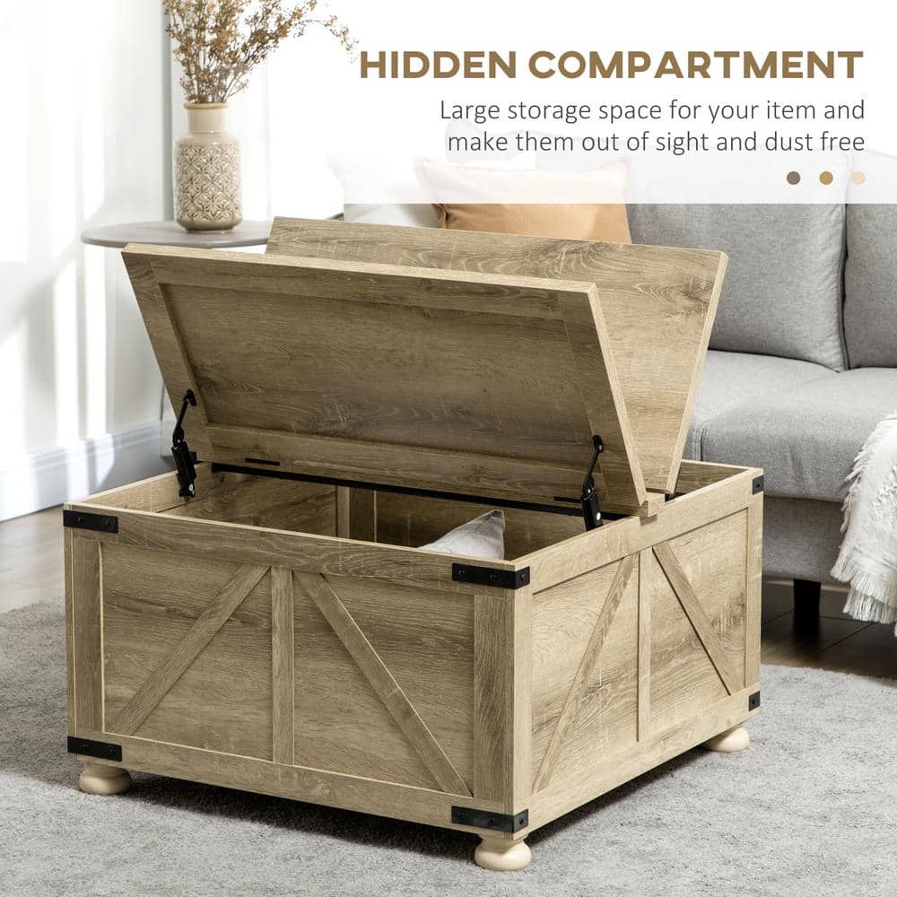 Rustic Farmhouse Square Coffee Table with Hidden Storage, Brown Wood