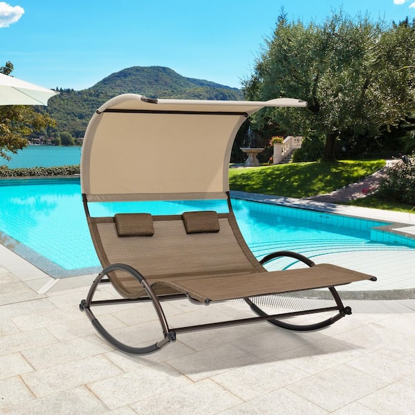 Pellebant Metal Patio Double Outdoor Rocking Chair in Brown with Sun Shade Canopy, Wheels and Headrest (1-Piece)