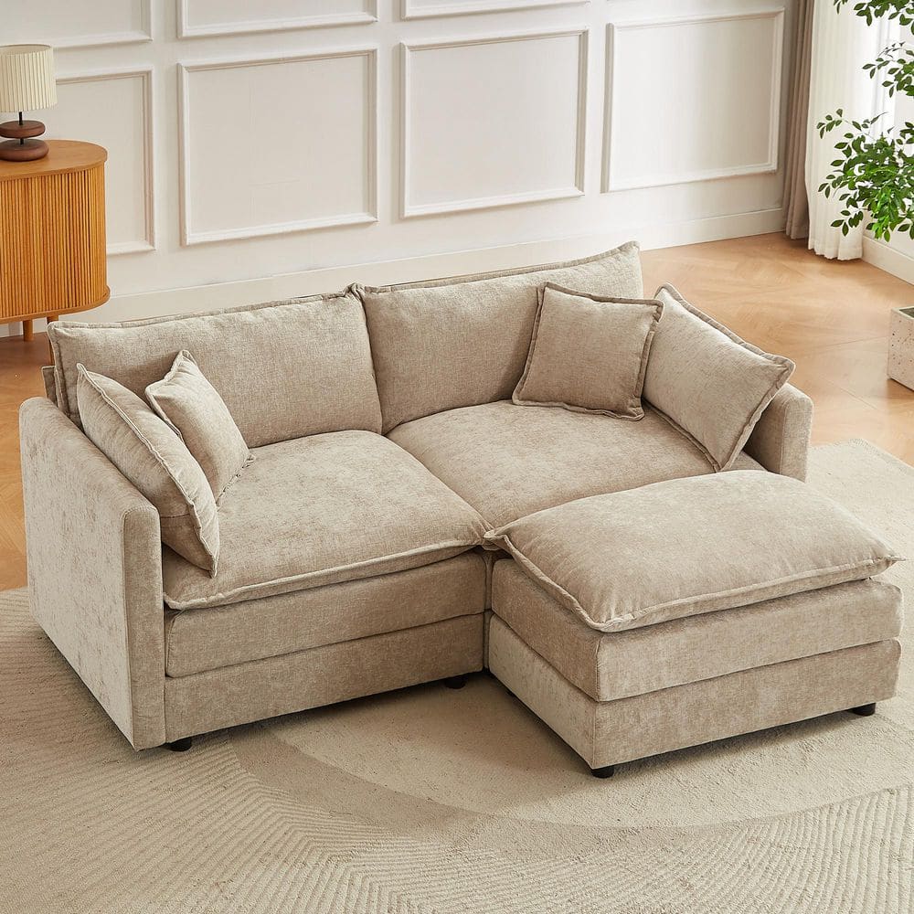 77 in. Square Arm 3-Piece Chenille L-Shaped Deluxe Pillow-Styled Modular Sectional Sofa in Coffee with 1 Ottoman