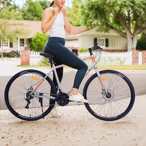 21 Speed Hybrid Bike Disc Brake 700 C Road Bike Orange with Free Installation Tools and Pedals for Adult