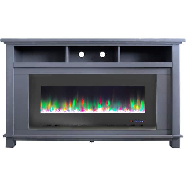 Cambridge San Jose 58 in. Slate Blue Fireplace TV Stand and 50 in. Black Electric Heater Insert with Crystals in Multicolor Flames