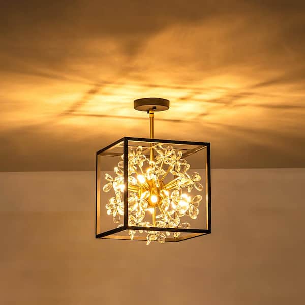 Jill Black Modern 11.81 in. W 8-Light Chandelier Semi-Flush Mount Ceiling Light with Clear Crystal Petal Decoration