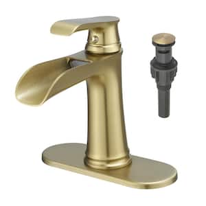 Single Handle Single Hole Bathroom Faucet with Deck Plate Included, Pop Up Drain and Water Supply Hoses in Brushed Gold
