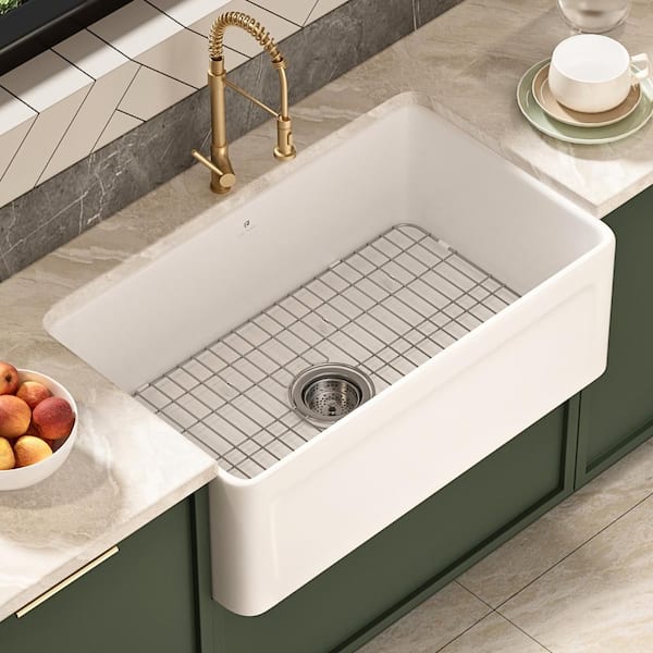 Los Flexi 30 in. Farmhouse Kitchen Sink White Reversible Fireclay, Single Bowl Sink, With Kitchen Sink Strainer And Bottom Grid