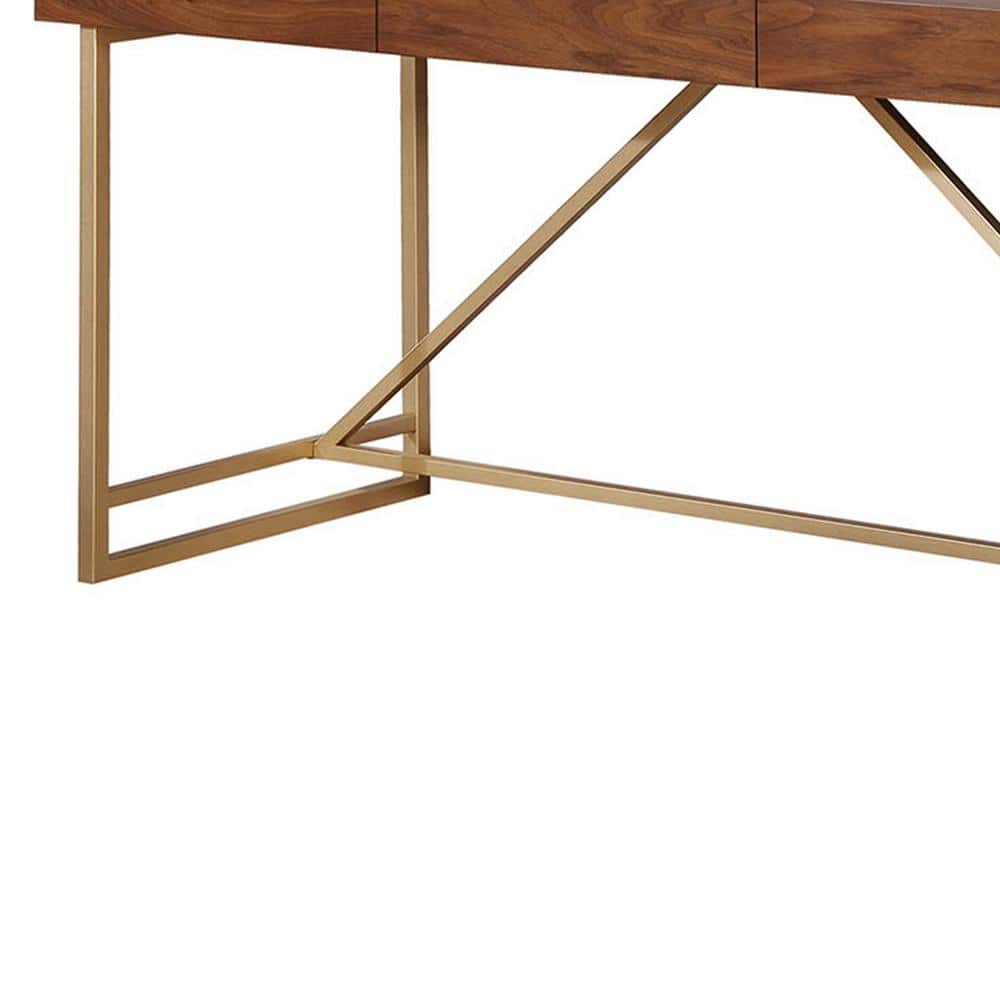 Walnut Brown Wooden Writing Desk with Gold Metal Legs and Drawers