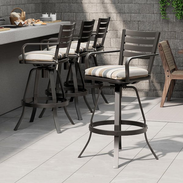Swivel Cast Aluminum Outdoor Bar Stool with Sunbrella MILANO CHAR Cushion (4-Pack)