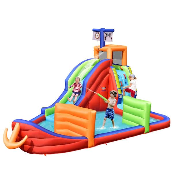 Costway 6-in-1 Pirate Ship Waterslide Kid Bounce House Inflatable Castle with Water Guns Blower Excluded