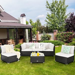 6-Piece Patio Rattan Furniture Set Sofa Coffee Table Garden with White Cushions