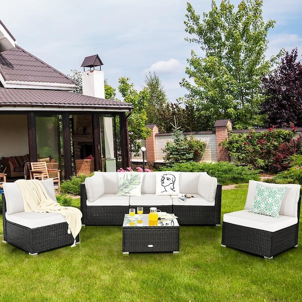 6-Piece Patio Rattan Furniture Set Sofa Coffee Table Garden with White Cushions