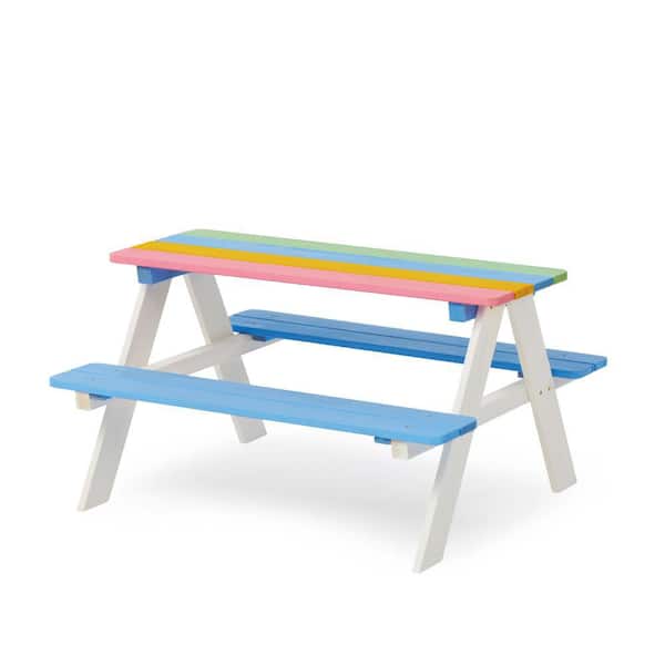 ITOPFOX Solid Wood Outdoor Dining Table Kids Picnic Rainbow Backyard Activity Play Sensory Chair Set Non-Smell Coating Cedar