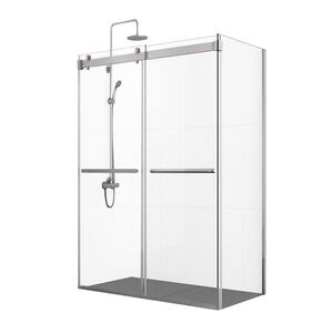 Spezia 56 in. W x 76 in. H Rectangle Double Sliding Semi Frameless Shower Enclosure in Brushed Nickel with Clear Glass
