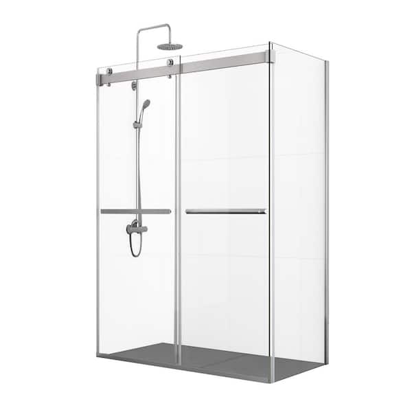 ROSWELL Spezia 56 in. W x 76 in. H Rectangle Double Sliding Semi Frameless Shower Enclosure in Brushed Nickel with Clear Glass