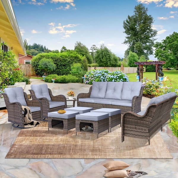 Brown 9-Piece Wicker Patio furniture Set Sofa Seating Outdoor Rattan Swivel Chairs with Gray Cushions and Ottomans