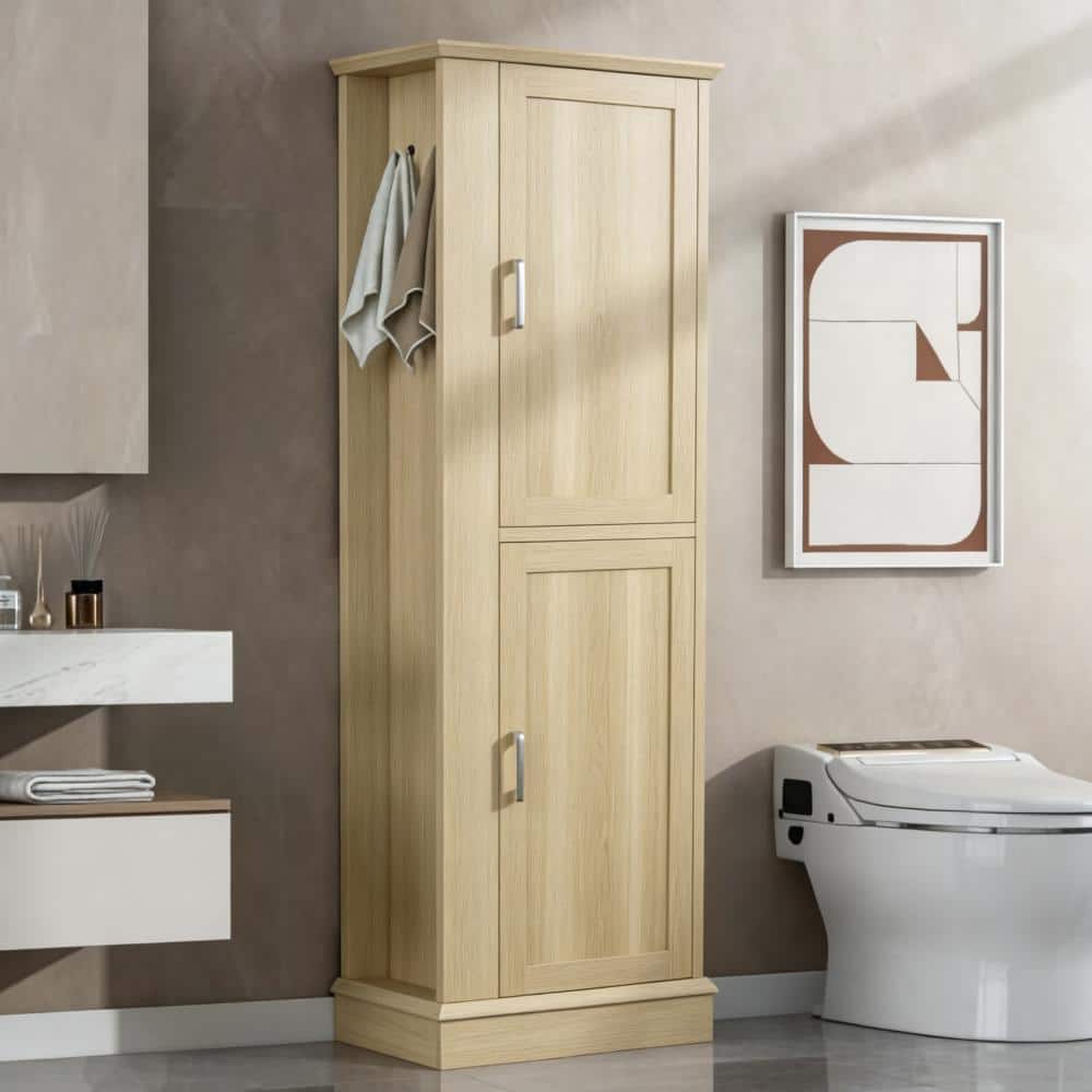 68 in. Tall Freestanding MDF Bathroom Storage Cabinet with Hooks and Adjustable Shelves, Natural