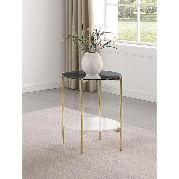 Coaster Jonelle 19.25 in White and Gold Round Glass Top End Table with Marble Shelf
