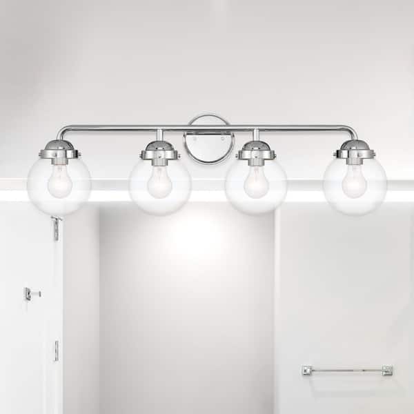 Knoll 33 in. 4-Light Chrome Retro Vanity Light with Clear Glass Shades